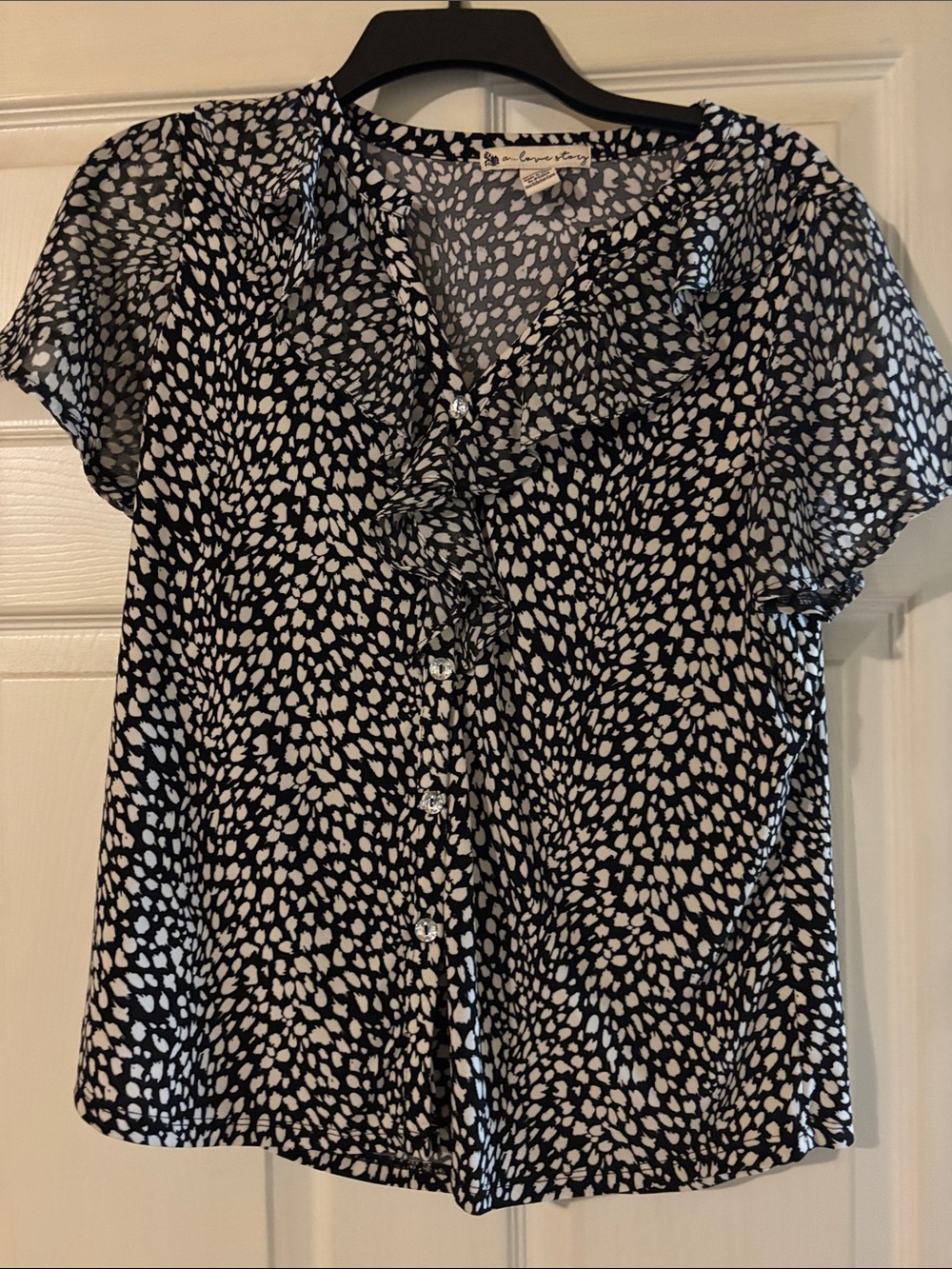 Black & White Ruffle-Trim Button Front Blouse